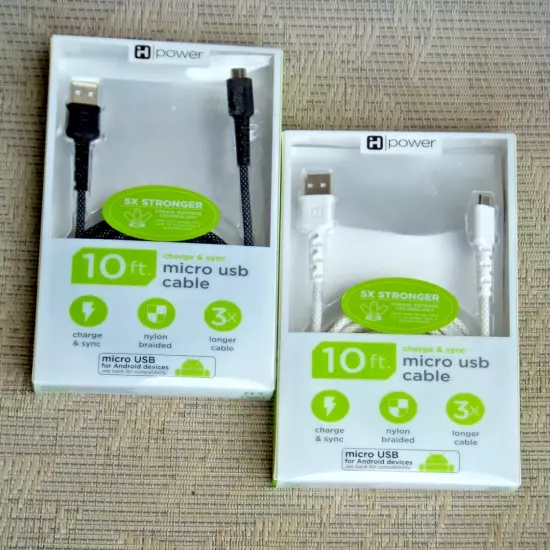 USB to Micro USB cable 10ft Choice Black or White