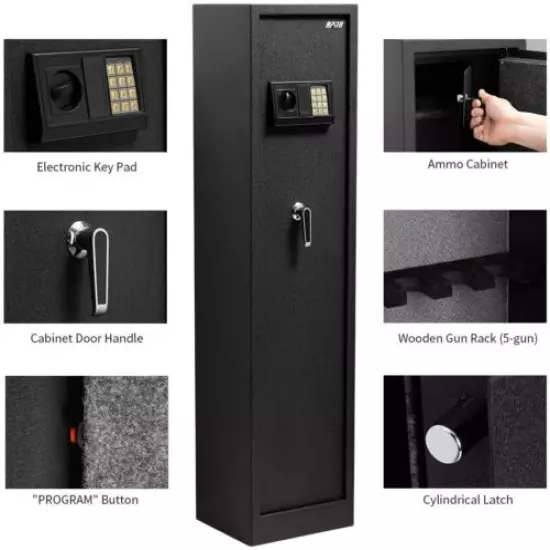 5-Rifle Safe Quick Access Electronic Cabinet w/ Lock Box for Handguns & Ammo