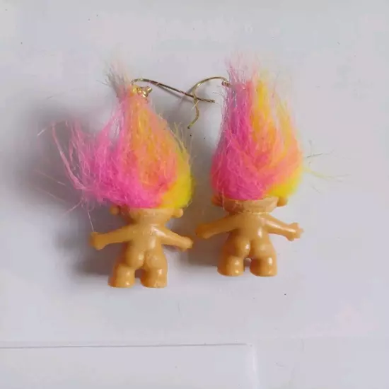 Russ Troll Doll Rainbow Hair Good Luck Dangle Earrings Vintage