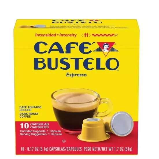 Café Bustelo Espresso Dark Roast Coffee, 10 Count Capsules for Espresso Machines