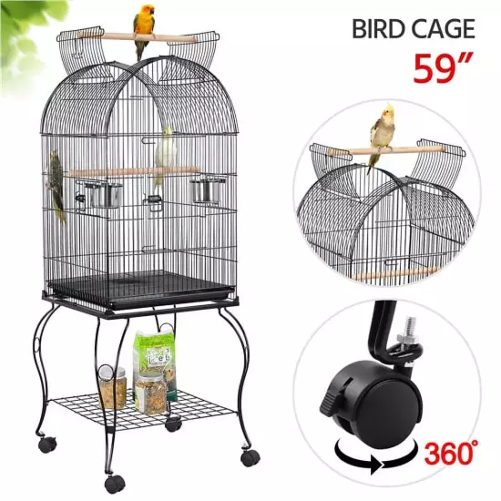 Metal Rolling Bird Cage with 2 Feeders and 2 Wooden Perches, Black