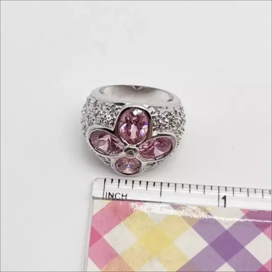 Sarah Coventry Pink Stone Floral Wide Band Silver Tone Pave Ring Size 7.25