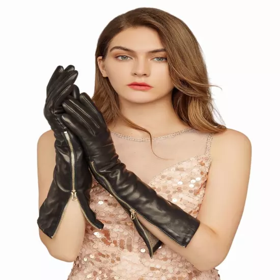 Women Winter Long Gloves Real Italy Leather Elbow Long Gloves With Zipper