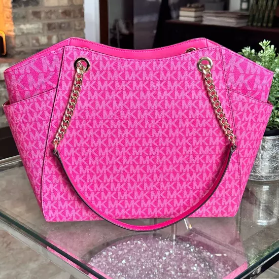 Michael Kors Jet Set Travel Large Chain Shoulder Tote MK Logo Bag Electric Pink