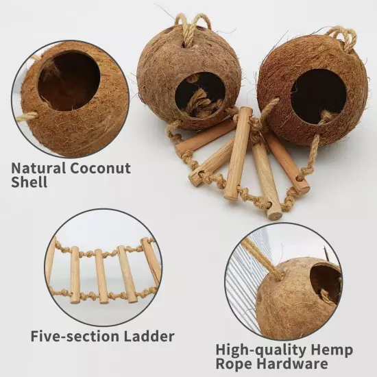 Natural Coconut Hide with Ladder Perches Hanging Bird House Toy for Cage Parr...