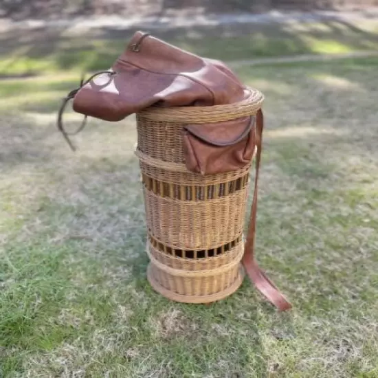 Vintage Wicker Golf Bag Decor Leather Strap & Pocket