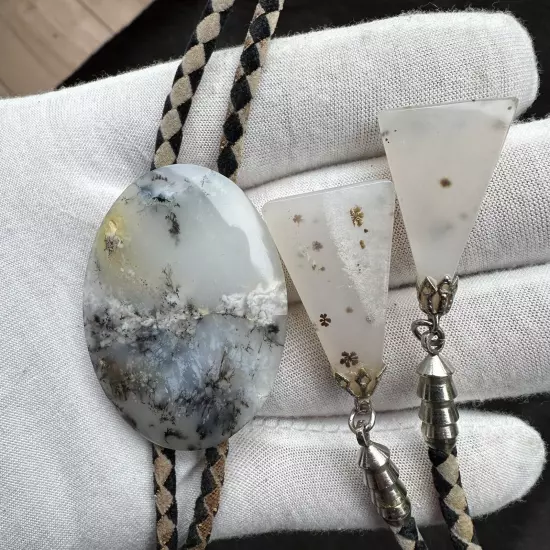 Stunning Vintage Natural Dendritic Agate Western Bolo Tie With Matching Tips