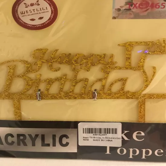 NEW Acrylic Gold Glitter Happy 17th Birthday Cake Topper- 5” Tall