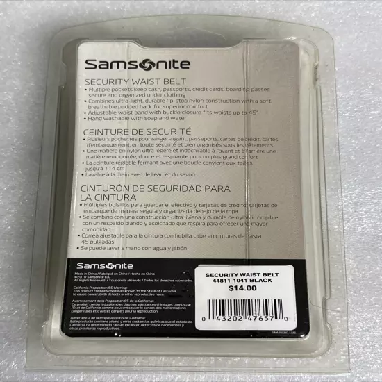 SAMSONITE Travel Security Waist Belt BLACK Luggage 44811-1041 Wallet/Passport