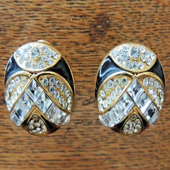 Black Enamel Rhinestone Omega Stud Earrings Showy Runway