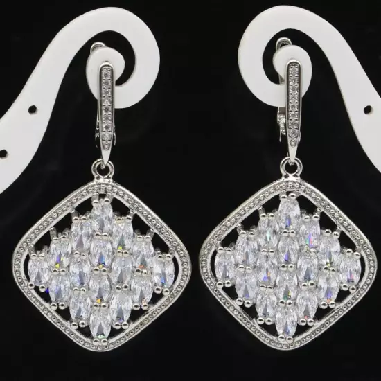 Gorgeous White Sapphire CZ Engagement Women Silver Earrings 