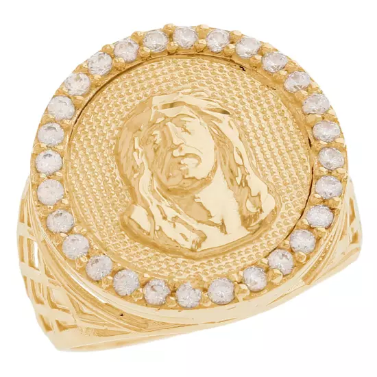 10k or 14k Yellow Gold Jesus Christ White CZ Mens Religious Ring