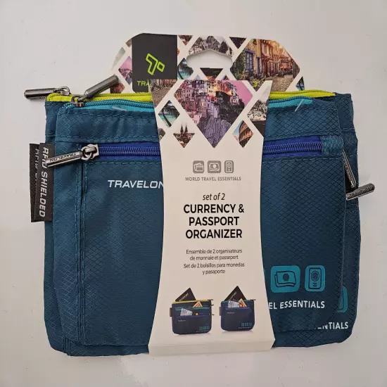 New Travelon Currency and Passport Organizer Set of 2 Teal Nylon Travel Pouch