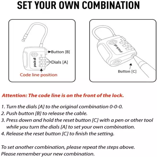 TSA Approved Cable Luggage Locks, 3 Digit Combination Padlocks, Travel Lock for