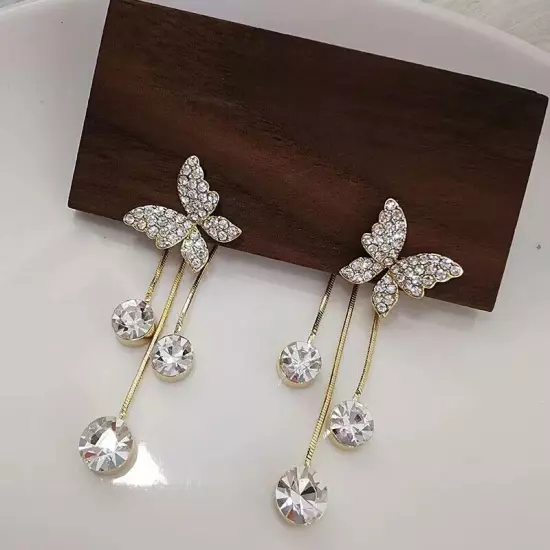 Fashion 18k Gold Plated Crystal Butterfly Tassel Earrings Women's Girl Jewelry