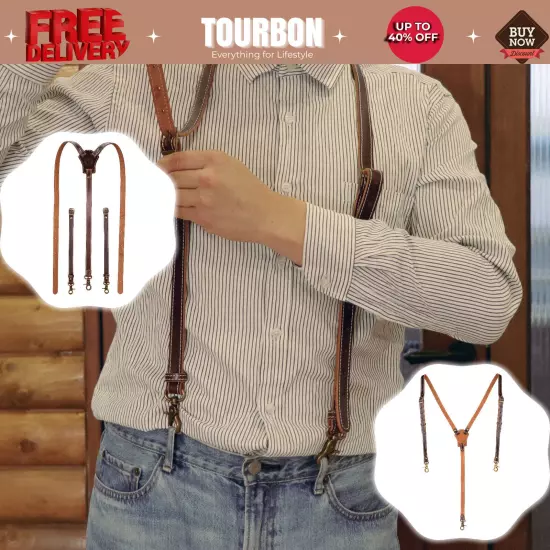 Tourbon Leather Suspenders for Men Y Back Harness Pants Braces 3 Hook Heavy Duty