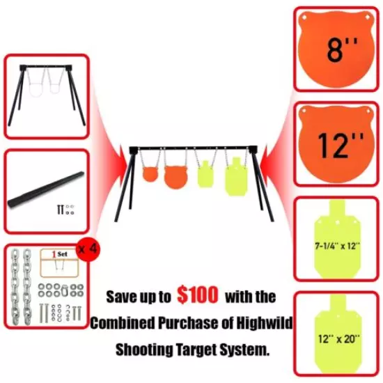 AR500 Steel Shooting Target System Stand,Chains&8",12" Gong+7"x12",12"x20" Torso