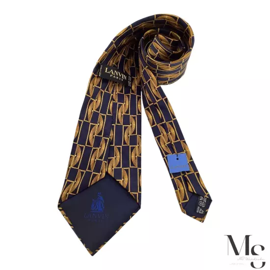 LANVIN PARIS Navy Blue & Gold Geometric Luxury Silk Tie Made In France W:4" NWT