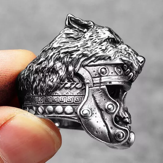 Gladiator Wolf warrior Skull Spartan Helmet Silver Punk Mens Viking Biker Ring