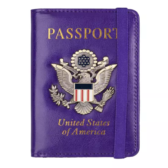 RFID Blocking Leather Passport Holder with 3D Metal Badge, Travel Document Passp