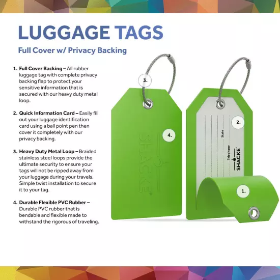 Shacke Luggage Tags with Full Back Privacy Cover w/Steel Loops - Set of 2