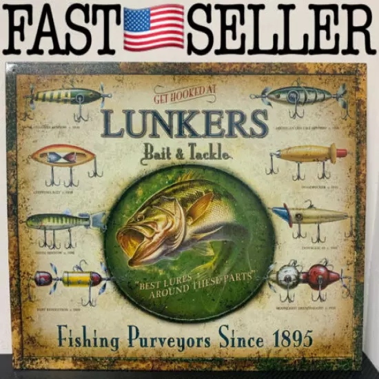 Lunker's Lures Bait & Tackle Vintage Fishing Retro Tin Metal Sign 16”x12.5” NEW!