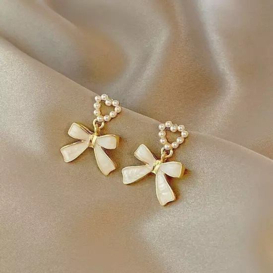 Fashion earings gold plated bow pearl dangle drop jewelry earrings for womens