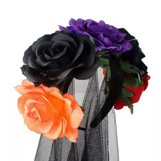 Ladies Mexican Day Of The Dead Black Veil Rose Headband Halloween Headpiece