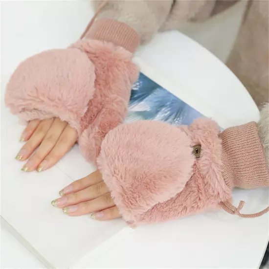 Faux Fur Winter Mittens Womens Warm Plush And Thicken Fleece Lined Knit Gloves