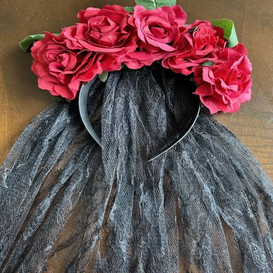 Ladies Mexican Day Of The Dead Black Veil Rose Headband Halloween Headpiece