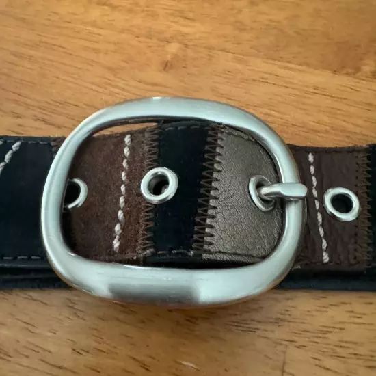 Fossil Patchwork Leather Statement Belt Black Brown Gray Size Medium Boho Silver