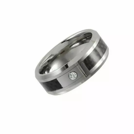 Ring Tungsten 8mm Black Carbon Fiber .05 Ct Diamond Band Size 10.5 TAR445D DT45