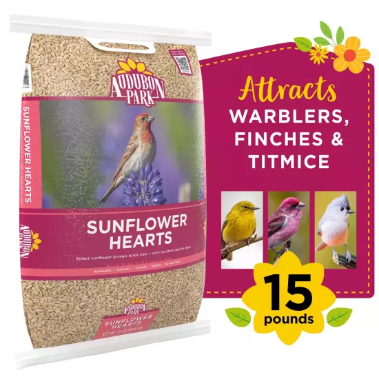 Audubon Park Sunflower Hearts Wild Bird Food, Dry, 1 Count per Pack, 15 lbs.