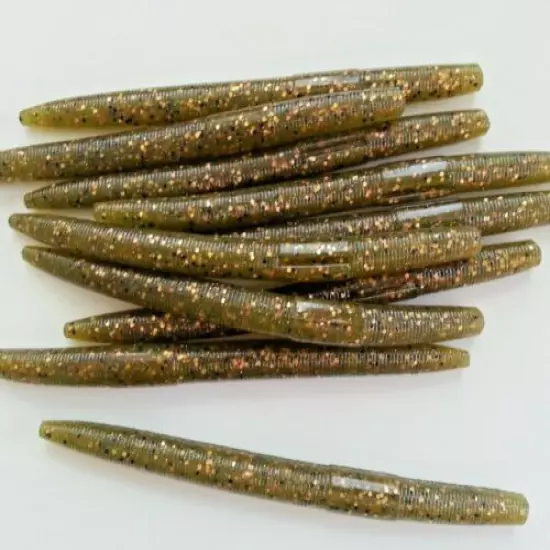 75 pk 5" Senko-style GREEN OLIVE/GOLD FLAKE - Soft Plastic Worms - SCENT & SALT