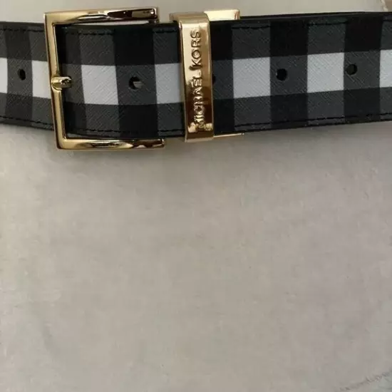 Michael Kors Women MK Signed Belt Gingham Check Black And White With Gold Buckle