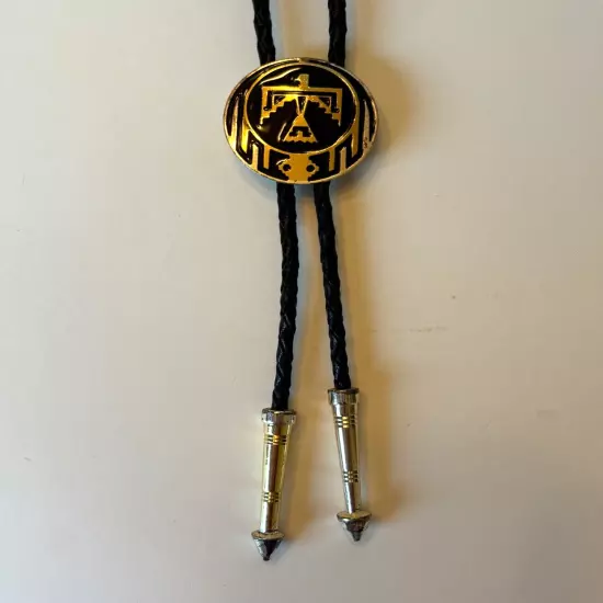 Vtg THUNDERBIRD Bolo Tie Western Necktie Black Leather Cord 1.5" Round Slide