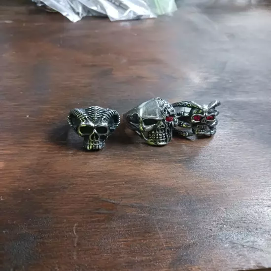 SET OF THREE MENS SKULL RINGS - STAINLESS STEEL - SIZE 11