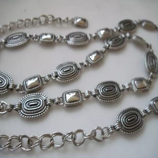 70's Ornate Silver Vintage Chain Belt O/S Adjustable Waist Full Length 58"