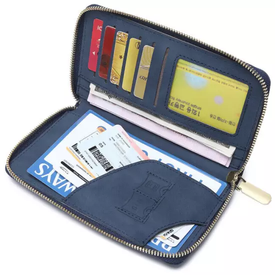 RFID Leather Travel Passport Case Cover Zipper Wallet Card Holder with Wristband