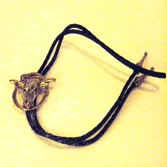 Western Bolo Tie HORNED BULL HEAD in Rope Gold & Silver Toned Braided Black Cord