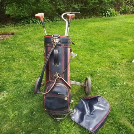 Vintage Lot Dunlop golf bag, Dunlop Club Rain Cover, 2 Macgregor woods and Cart