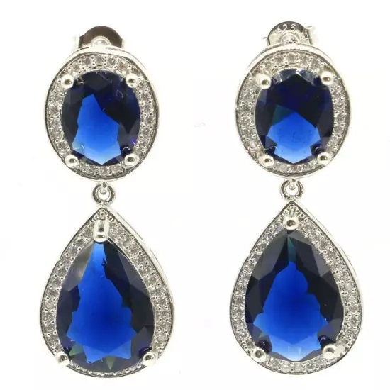 Pretty Oval Drop Shape Tanzanite White CZ Silver Earrings 