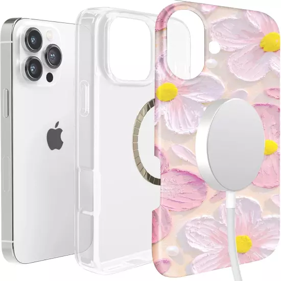 iPhone 16 Case for Women - Cute Flower & Heart Design -Includes Screen Protector