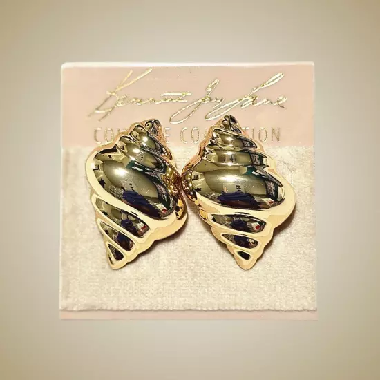 Kenneth Jay Lane Earrings Gold Tone Shiny Shell Studs Minimalist Vacation Boho