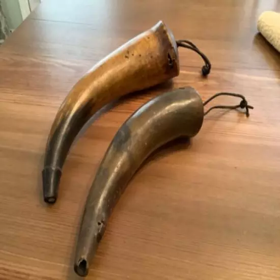 Two Antique pre CIVIL WAR? HUNTING Primitive BLACK POWDER HORN Bovine Cow Flask