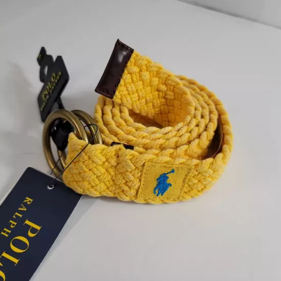 Polo Ralph Lauren Leather-Trim Canvas Belt Men Small Yellow Double D Ring Braid