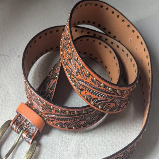 vintage style TOOLED leather belt STUDDED brown 42 cowboy WESTERN acorn RODEO