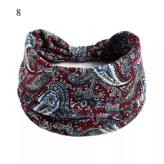 Women Boho Flower Print Wide Headband Vintage Knot Elastic Turban Headwrap *