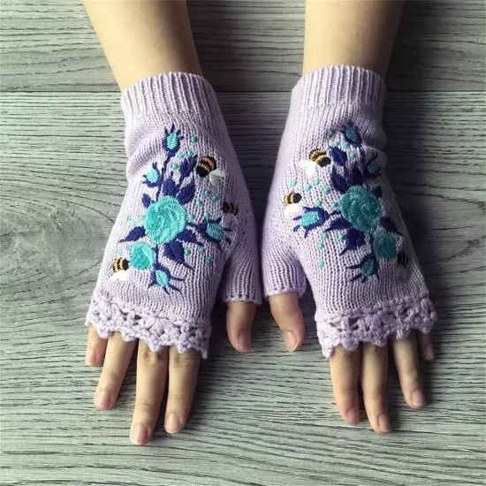 Women Handmade Embroidery Gloves Knit Gloves Flower Gloves Hand Knit Fingerless