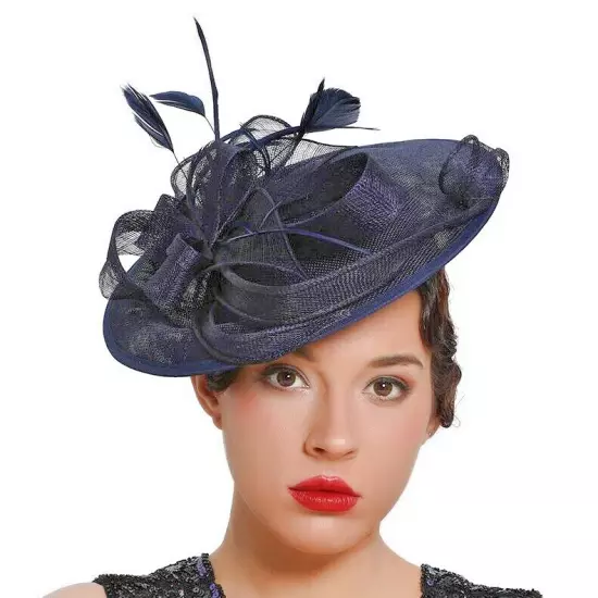 STUNNING NAVY BLUE SINAMAY FASCINATOR WITH MATCHING FEATHERS ON HEADBAND RACING